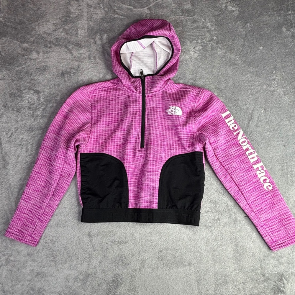 The North Face Hoodie Womens XS Pink Black Grid Fleece Half Zip NF0A81ZC cropped